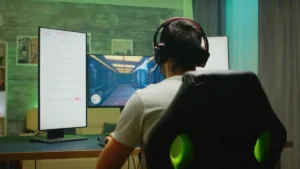 A gamer wearing headphones sits in a black chair, focused on dual monitors displaying a video game and a chat screen.