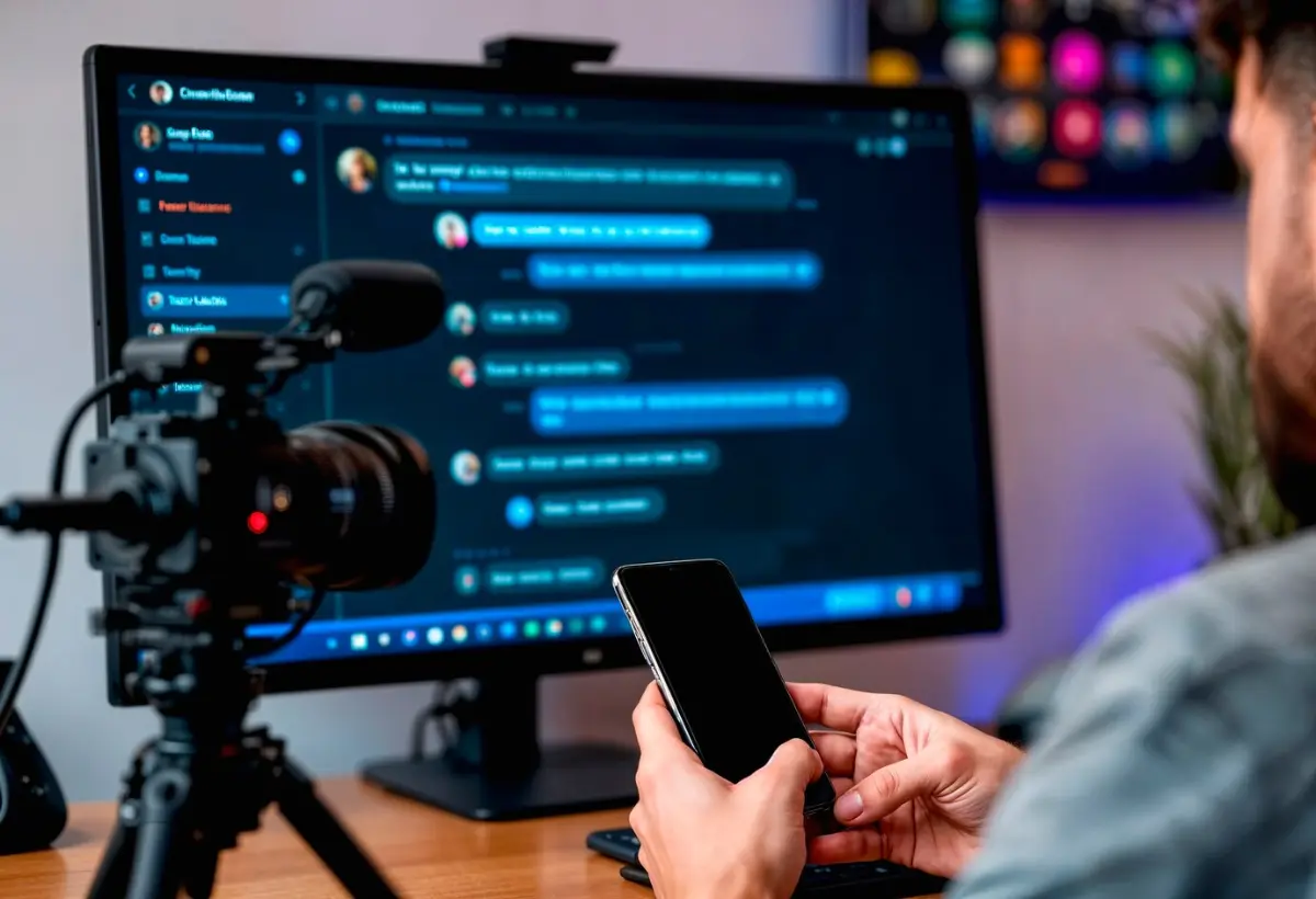 A person holding a smartphone looks at a computer screen displaying chat messages, with a camera on a tripod in the foreground.