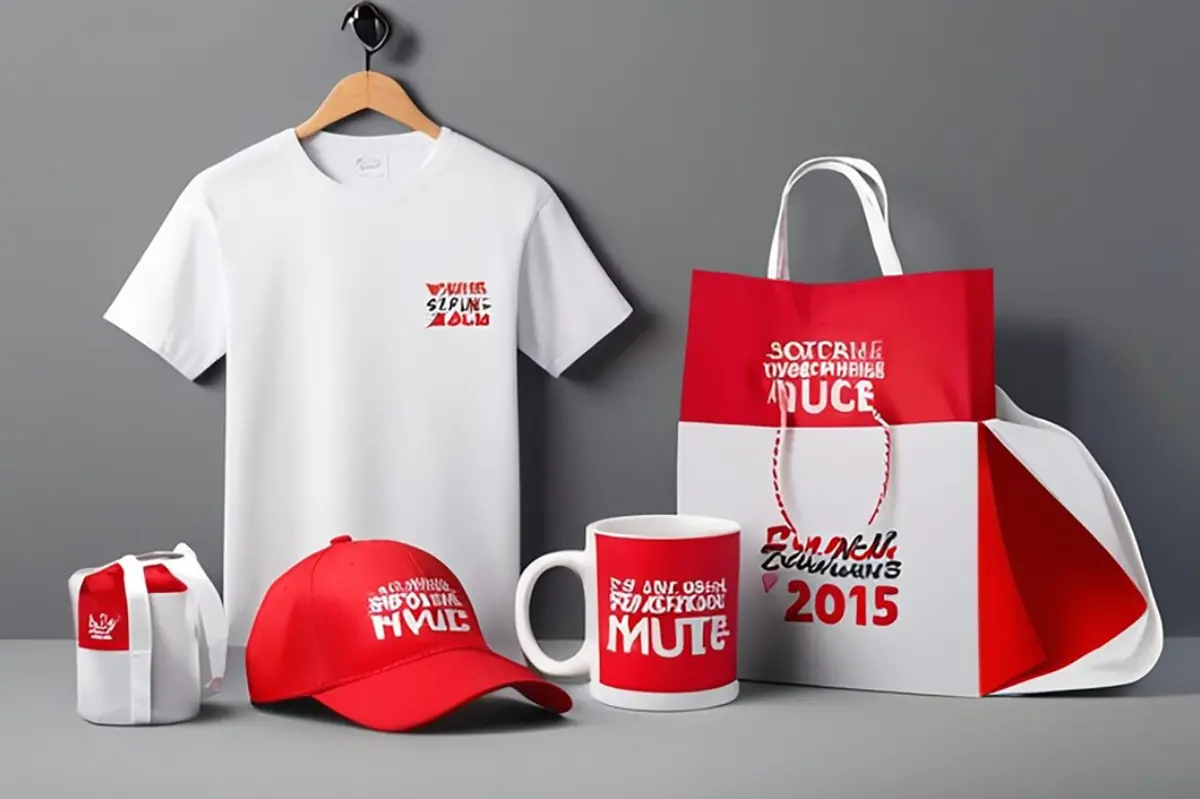 A collection of merchandise including a white t-shirt, red cap, mug, and bag, featuring bold, playful text in red and white.