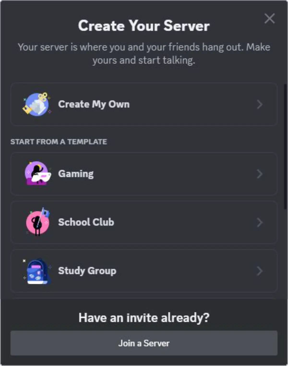 A Discord interface prompting users to create a server, offering options like Gaming, School Club, and Study Group.