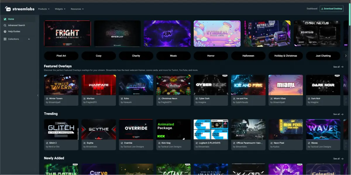 Screenshot of the Streamlabs platform showcasing various stream overlays categorized by themes like horror, charity, and holiday.