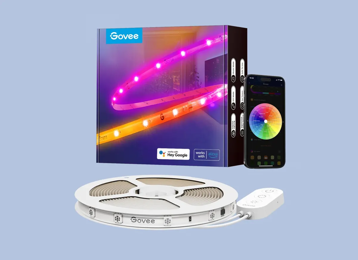Govee smart LED strip lights with a smartphone app and packaging featuring vibrant colors and compatibility with Alexa and Google.