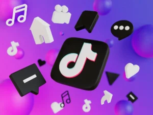 Colorful icons representing TikTok features, including music notes and chat bubbles, on a vibrant purple background.