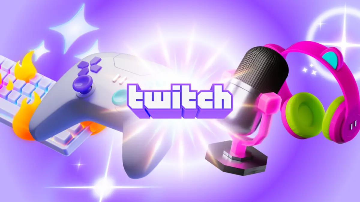 Colorful illustration featuring a gaming controller, keyboard, microphone, and headphones with the word "Twitch" at the center.