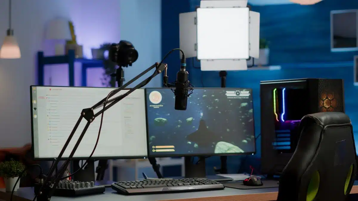 A modern gaming setup featuring dual monitors, a microphone, camera, and colorful PC, illuminated by soft studio lighting.