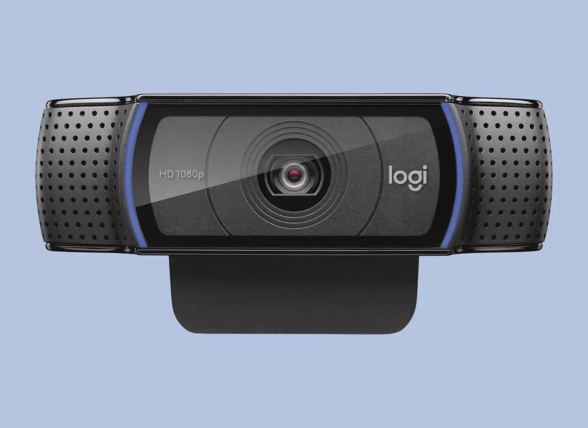 A sleek black 1080p webcam with a central lens and textured side grips
