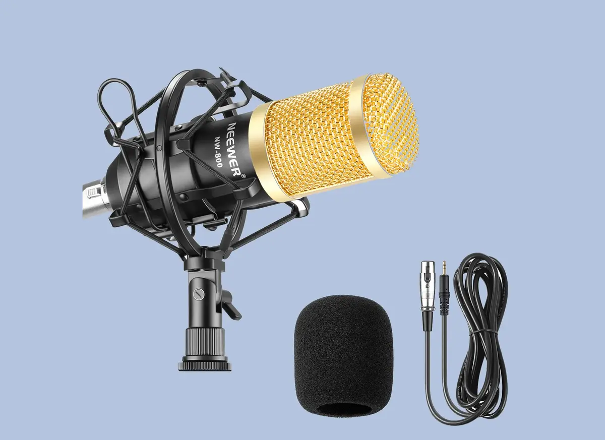 A Neewer microphone with a gold mesh head, mounted on a shock mount, accompanied by a foam windscreen and audio cable, on a light blue background.