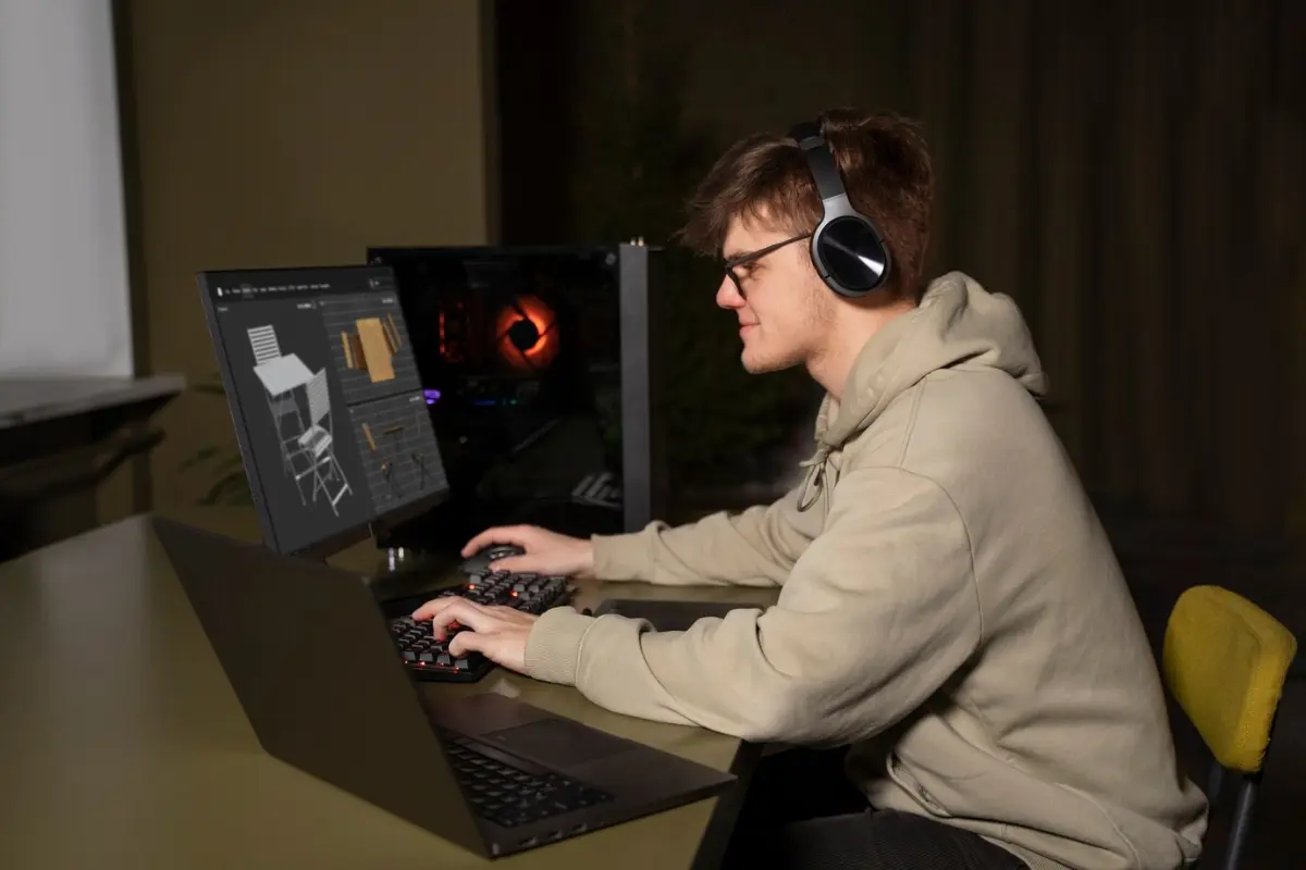 A person wearing headphones works intently at a computer desk, using a laptop and a monitor displaying design software.