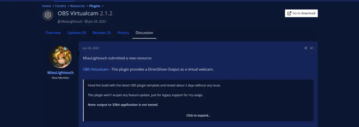 Discussion thread about the OBS Virtualcam plugin, detailing updates and testing notes by user MiaulLightouch.