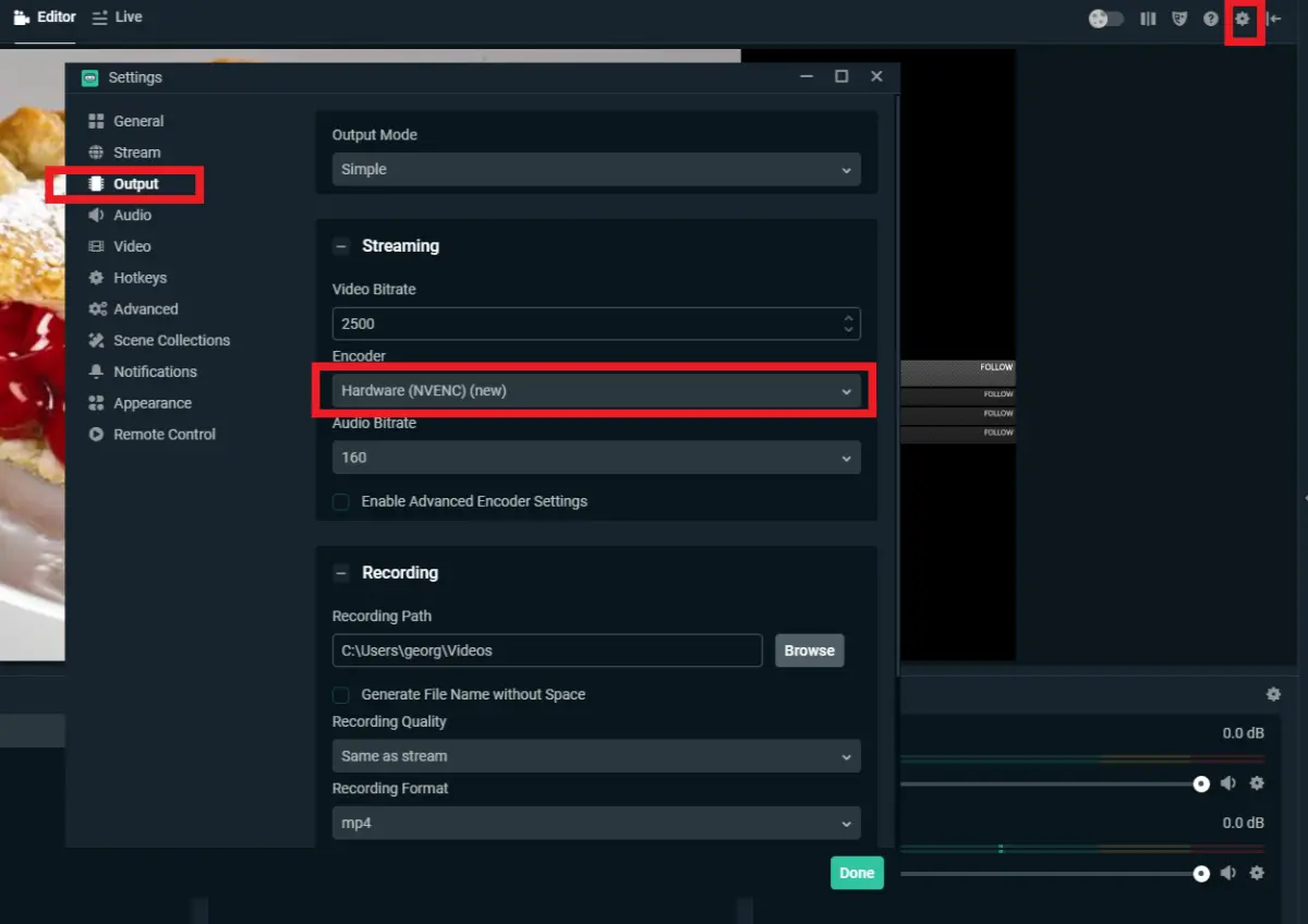Screenshot of OBS settings showing Output options, including video bitrate, encoder selection (Hardware NVENC), and recording settings.