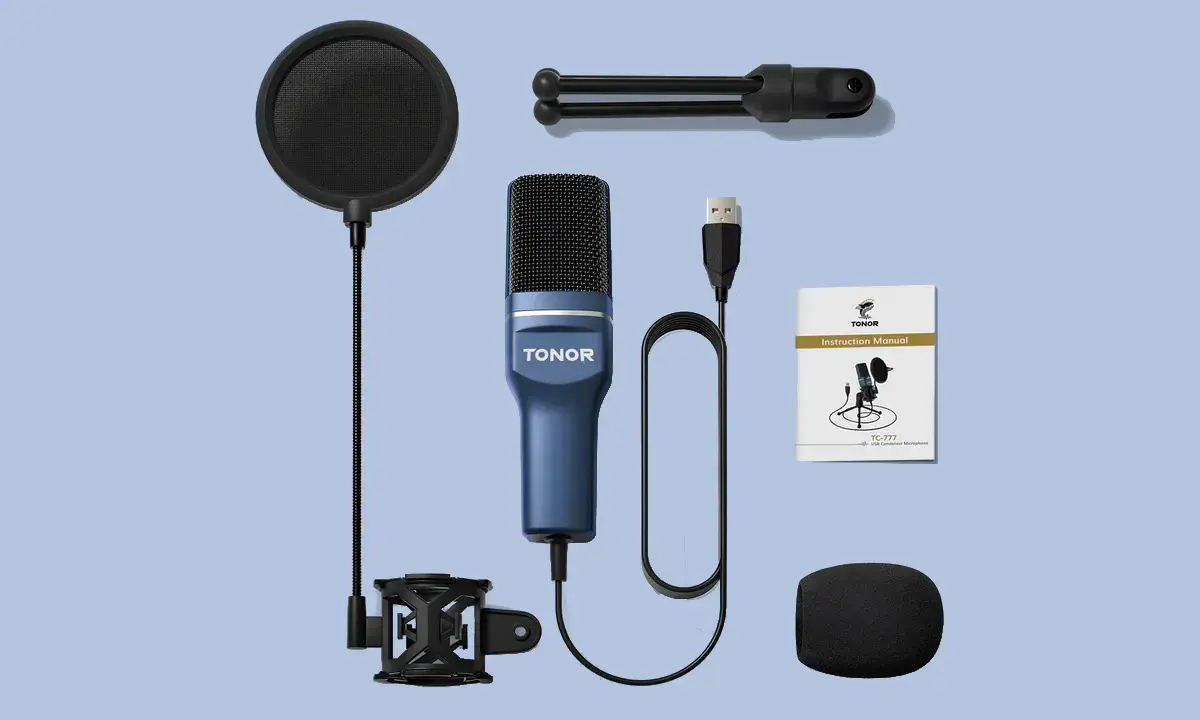 A USB microphone kit including a Tonor microphone, pop filter, shock mount, USB cable, foam windscreen, and instruction manual.