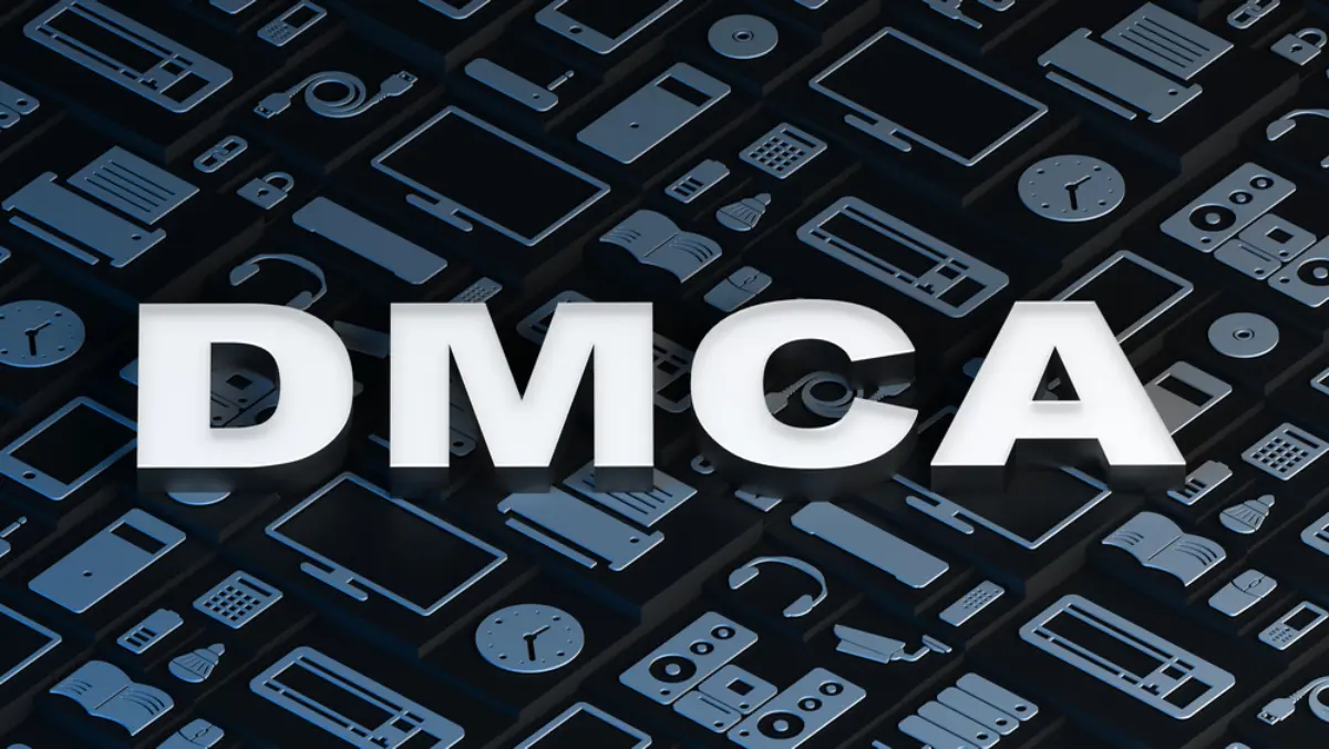 Text DMCA prominently displayed over a background of various digital devices and icons, symbolizing digital copyright protection.