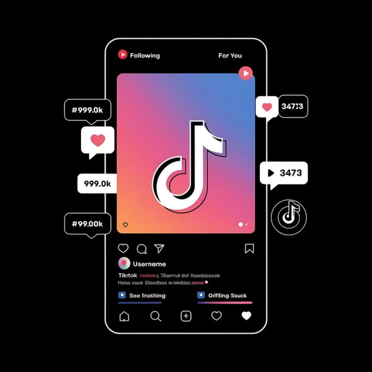 A smartphone screen displaying a TikTok post with likes, shares, and user statistics on a gradient background.