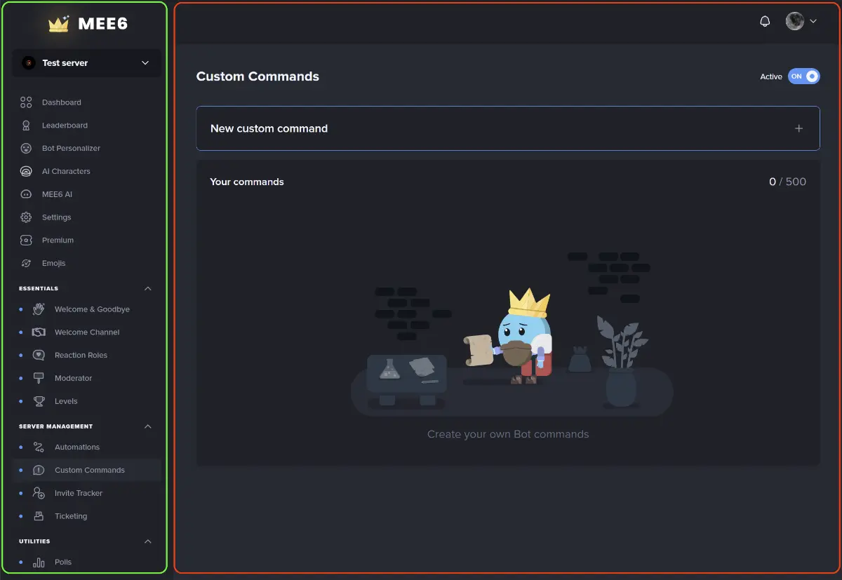 MEE6 dashboard displaying custom commands with a cute character wearing a crown, holding a scroll, and various items in the background.