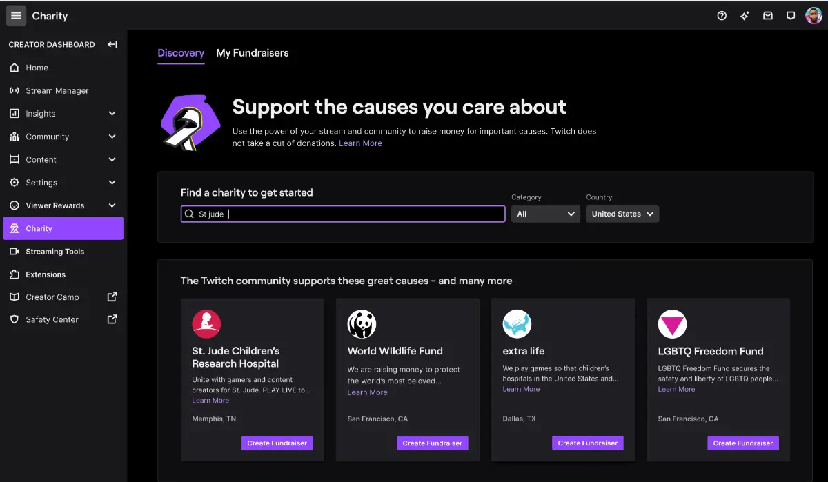 Twitch charity dashboard showcasing fundraising options for various causes, including St. Jude and World Wildlife Fund.