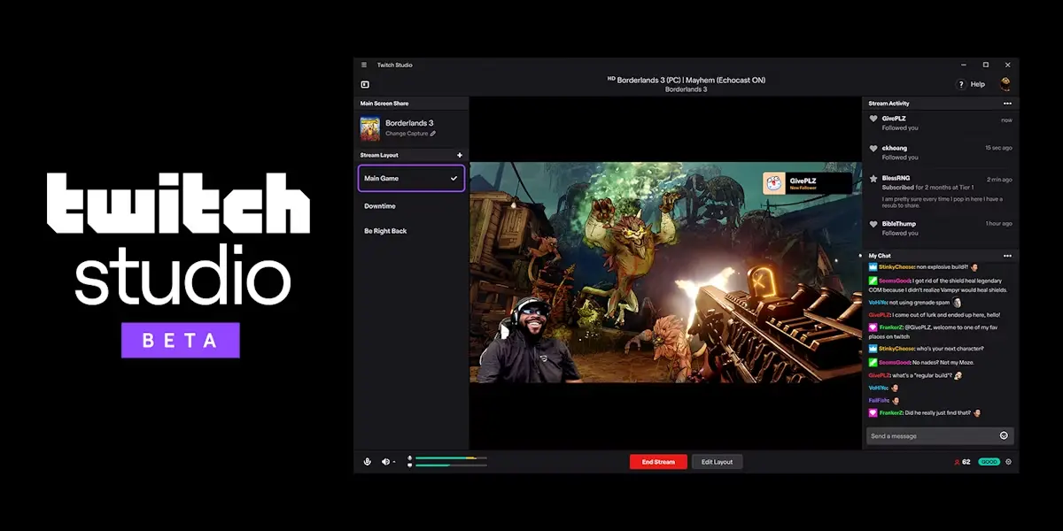 Twitch Studio interface displays a live stream of Borderlands 3, featuring gameplay and chat interactions on the right.