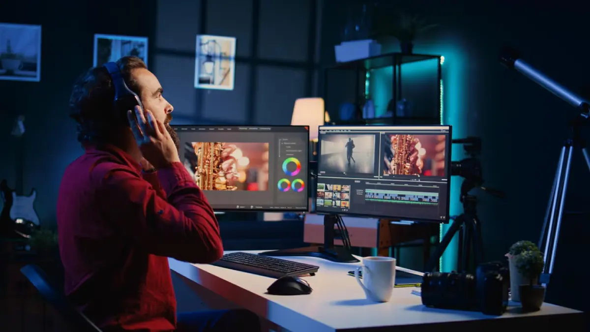 A person edits video on dual monitors in a dimly lit room, surrounded by equipment and decor that enhance a creative workspace.