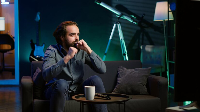 A person sits on a dark sofa with a mug and remote, watching TV in a cozy room illuminated by soft lights and a telescope nearby.