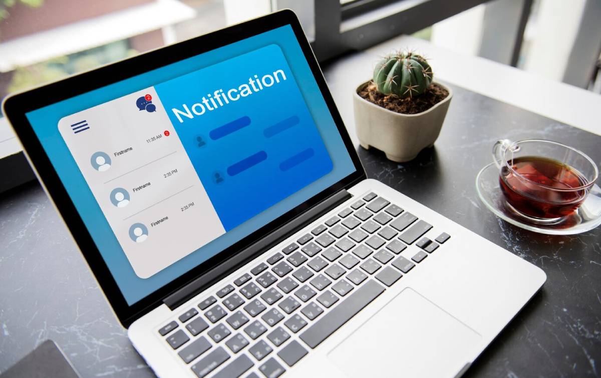 A laptop displays a notification interface with messages, alongside a potted cactus and a cup of tea on a marble table.  