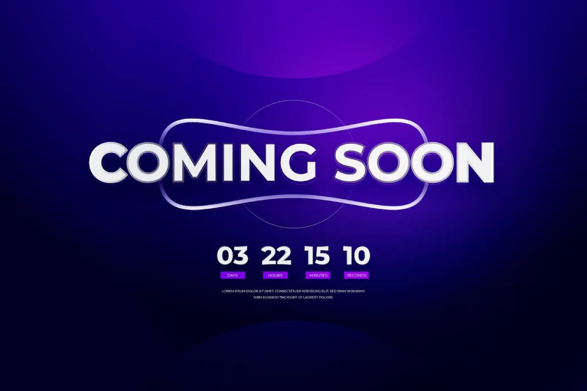 Countdown timer over a purple gradient background with bold COMING SOON text, showing 3 days, 22 hours, 15 minutes, and 10 seconds remaining.