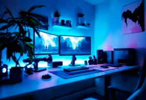 A modern gaming desk with dual monitors, colorful LED lights, a keyboard, mouse, and various tech gadgets, set in a cozy atmosphere.