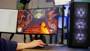 A gamer uses a mouse on a desk while playing a vibrant video game featuring stairs on a monitor, with a gaming PC nearby.