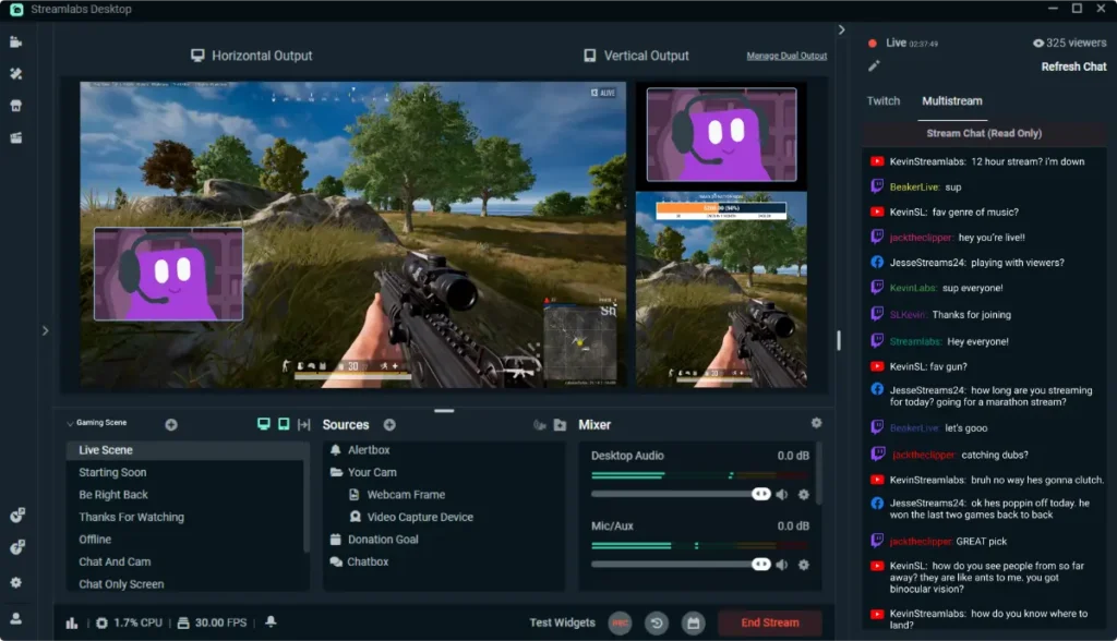 Streaming interface showing gameplay with a player holding a gun, chat window, and webcam of a purple character with headphones.
