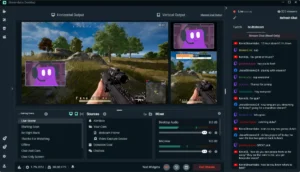 Streaming interface showing gameplay with a player holding a gun, chat window, and webcam of a purple character with headphones.