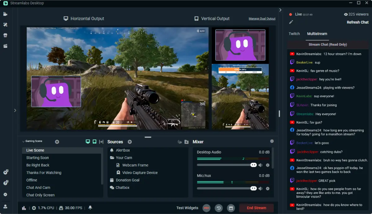 Streaming interface showing gameplay with a player holding a gun, chat window, and webcam of a purple character with headphones.