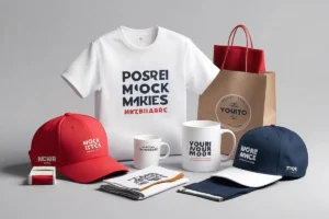 A branded merchandise mockup displaying various promotional items