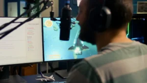 A person wearing headphones sits in front of dual monitors displaying gaming content and a chat interface, with a small airplane model nearby.