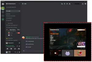 A Discord channel displaying server rules with a focus on Overwatch 2, featuring buttons for gameplay options and chat.