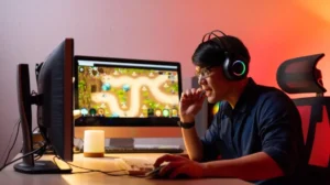 A person gaming at a computer desk, engaged with a vibrant video game displayed on a large monitor, illuminated by soft lighting.