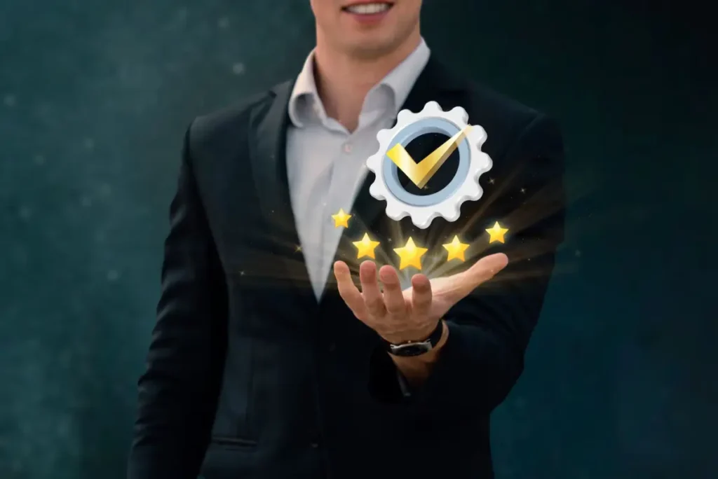 A man in a suit holds out his hand, displaying a gear with a checkmark and glowing stars, symbolizing quality and success.
